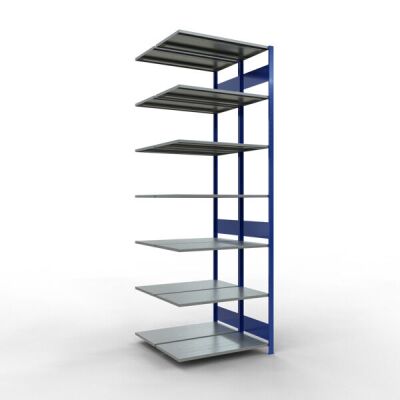 Anbauregal, Doppelregal, Fachbodenregal Stecksystem MULTIplus150, 3000 x 1000 x (2x500) mm (HxBxT), 2x7 Fachböden, Längenriegel, RAL 5010 enzianblau/verzinkt