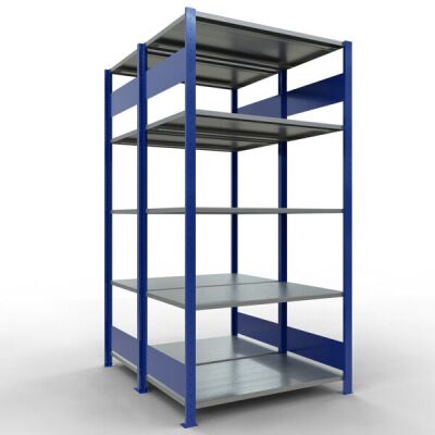 Grundregal, Doppelregal, Fachbodenregal Stecksystem MULTIplus150, 2000 x 1000 x (2x600) mm (HxBxT), 2x5 Fachböden, Längenriegel, RAL 5010 enzianblau/verzinkt
