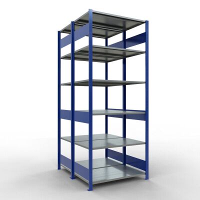 Grundregal, Doppelregal, Fachbodenregal Stecksystem MULTIplus150, 2500 x 1000 x (2x600) mm (HxBxT), 2x6 Fachböden, Längenriegel, RAL 5010 enzianblau/verzinkt
