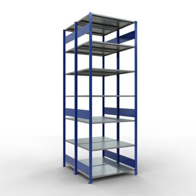 Grundregal, Doppelregal, Fachbodenregal Stecksystem MULTIplus150, 3000 x 1000 x (2x600) mm (HxBxT), 2x7 Fachböden, Längenriegel, RAL 5010 enzianblau/verzinkt