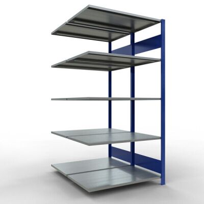 Anbauregal, Doppelregal, Fachbodenregal Stecksystem MULTIplus150, 2000 x 1000 x (2x600) mm (HxBxT), 2x5 Fachböden, Längenriegel, RAL 5010 enzianblau/verzinkt