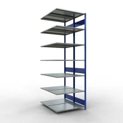 Anbauregal, Doppelregal, Fachbodenregal Stecksystem MULTIplus150, 3000 x 1000 x (2x600) mm (HxBxT), 2x7 Fachböden, Längenriegel, RAL 5010 enzianblau/verzinkt
