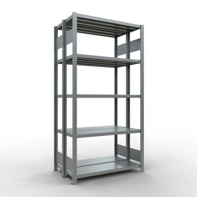 Grundregal, Doppelregal, Fachbodenregal Stecksystem MULTIplus250, 2000 x 1000 x (2x300) mm (HxBxT), 2x5 Fachböden, Längenriegel, verzinkt