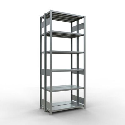 Grundregal, Doppelregal, Fachbodenregal Stecksystem MULTIplus250, 2500 x 1000 x (2x300) mm (HxBxT), 2x6 Fachböden, Längenriegel, verzinkt