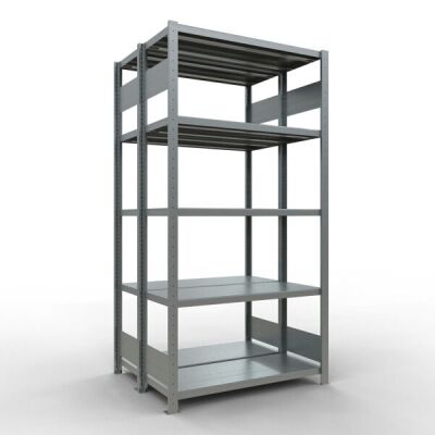 Grundregal, Doppelregal, Fachbodenregal Stecksystem MULTIplus250, 2000 x 1000 x (2x400) mm (HxBxT), 2x5 Fachböden, Längenriegel, verzinkt