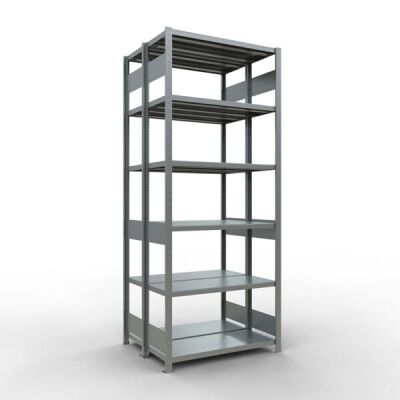 Grundregal, Doppelregal, Fachbodenregal Stecksystem MULTIplus250, 2500 x 1000 x (2x400) mm (HxBxT), 2x6 Fachböden, Längenriegel, verzinkt