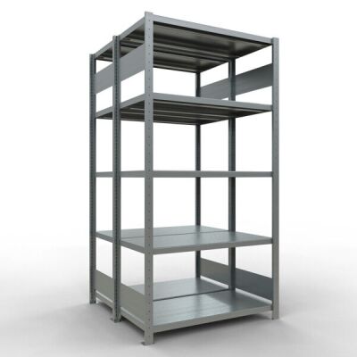 Grundregal, Doppelregal, Fachbodenregal Stecksystem MULTIplus250, 2000 x 1000 x (2x500) mm (HxBxT), 2x5 Fachböden, Längenriegel, verzinkt