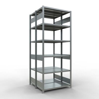 Grundregal, Doppelregal, Fachbodenregal Stecksystem MULTIplus250, 2500 x 1000 x (2x500) mm (HxBxT), 2x6 Fachböden, Längenriegel, verzinkt