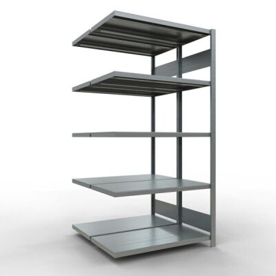 Anbauregal, Doppelregal, Fachbodenregal Stecksystem MULTIplus250, 2000 x 1000 x (2x500) mm (HxBxT), 2x5 Fachböden, Längenriegel, verzinkt