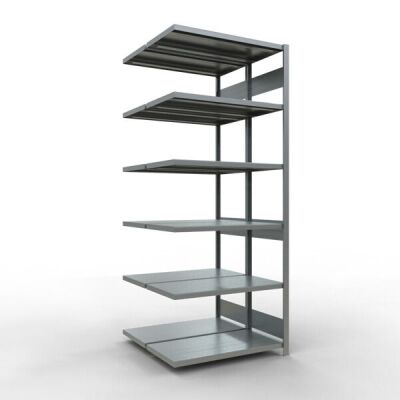 Anbauregal, Doppelregal, Fachbodenregal Stecksystem MULTIplus250, 2500 x 1000 x (2x500) mm (HxBxT), 2x6 Fachböden, Längenriegel, verzinkt