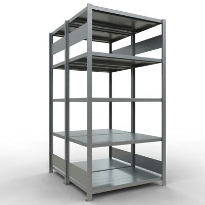 Grundregal, Doppelregal, Fachbodenregal Stecksystem MULTIplus250, 2000 x 1000 x (2x600) mm (HxBxT), 2x5 Fachböden, Längenriegel, verzinkt