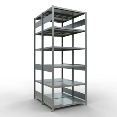 Grundregal, Doppelregal, Fachbodenregal Stecksystem MULTIplus250, 2500 x 1000 x (2x600) mm (HxBxT), 2x6 Fachböden, Längenriegel, verzinkt