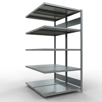 Anbauregal, Doppelregal, Fachbodenregal Stecksystem MULTIplus250, 2000 x 1000 x (2x600) mm (HxBxT), 2x5 Fachböden, Längenriegel, verzinkt