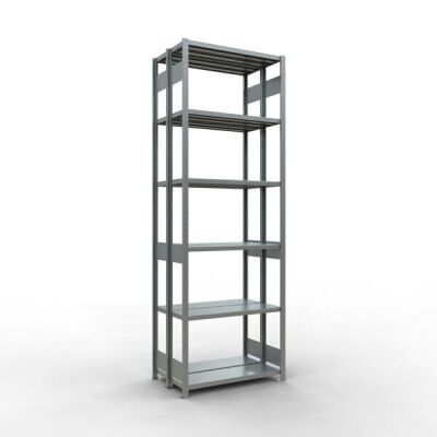 Grundregal, Doppelregal, Fachbodenregal Stecksystem MULTIplus250, 3000 x 1000 x (2x300) mm (HxBxT), 2x7 Fachböden, Längenriegel, verzinkt