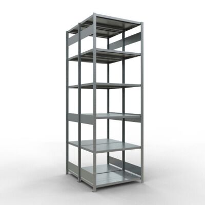 Grundregal, Doppelregal, Fachbodenregal Stecksystem MULTIplus250, 3000 x 1000 x (2x600) mm (HxBxT), 2x7 Fachböden, Längenriegel, verzinkt