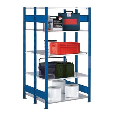 Grundregal, Doppelregal, Fachbodenregal Stecksystem MULTIplus250, 2500 x 1000 x (2x300) mm (HxBxT), 2x6 Fachböden, Längenriegel, RAL 7035 lichtgrau