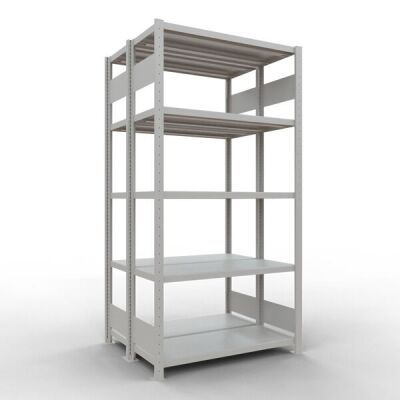 Grundregal, Doppelregal, Fachbodenregal Stecksystem MULTIplus250, 2000 x 1000 x (2x400) mm (HxBxT), 2x5 Fachböden, Längenriegel, RAL 7035 lichtgrau