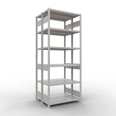 Grundregal, Doppelregal, Fachbodenregal Stecksystem MULTIplus250, 2500 x 1000 x (2x400) mm (HxBxT), 2x6 Fachböden, Längenriegel, RAL 7035 lichtgrau