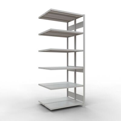 Anbauregal, Doppelregal, Fachbodenregal Stecksystem MULTIplus250, 2500 x 1000 x (2x400) mm (HxBxT), 2x6 Fachböden, Längenriegel, RAL 7035 lichtgrau