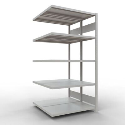 Anbauregal, Doppelregal, Fachbodenregal Stecksystem MULTIplus250, 2000 x 1000 x (2x500) mm (HxBxT), 2x5 Fachböden, Längenriegel, RAL 7035 lichtgrau