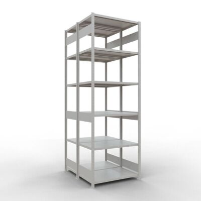 Grundregal, Doppelregal, Fachbodenregal Stecksystem MULTIplus250, 3000 x 1000 x (2x600) mm (HxBxT), 2x7 Fachböden, Längenriegel, RAL 7035 lichtgrau