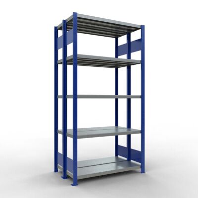 Grundregal, Doppelregal, Fachbodenregal Stecksystem MULTIplus250, 2000 x 1000 x (2x300) mm (HxBxT), 2x5 Fachböden, Längenriegel, RAL 5010 enzianblau/verzinkt