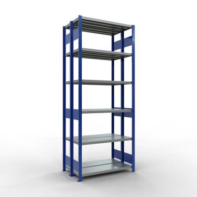 Grundregal, Doppelregal, Fachbodenregal Stecksystem MULTIplus250, 2500 x 1000 x (2x300) mm (HxBxT), 2x6 Fachböden, Längenriegel, RAL 5010 enzianblau/verzinkt