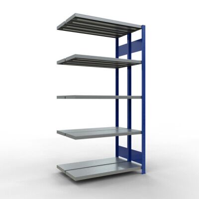 Anbauregal, Doppelregal, Fachbodenregal Stecksystem MULTIplus250, 2000 x 1000 x (2x300) mm (HxBxT), 2x5 Fachböden, Längenriegel, RAL 5010 enzianblau/verzinkt