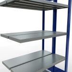 Anbauregal, Doppelregal, Fachbodenregal Stecksystem MULTIplus250, 2000 x 1000 x (2x300) mm (HxBxT), 2x5 Fachböden, Längenriegel, RAL 5010 enzianblau/verzinkt