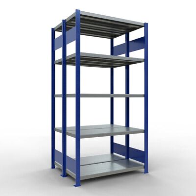 Grundregal, Doppelregal, Fachbodenregal Stecksystem MULTIplus250, 2000 x 1000 x (2x400) mm (HxBxT), 2x5 Fachböden, Längenriegel, RAL 5010 enzianblau/verzinkt