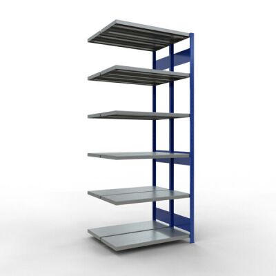 Anbauregal, Doppelregal, Fachbodenregal Stecksystem MULTIplus250, 2500 x 1000 x (2x400) mm (HxBxT), 2x6 Fachböden, Längenriegel, RAL 5010 enzianblau/verzinkt