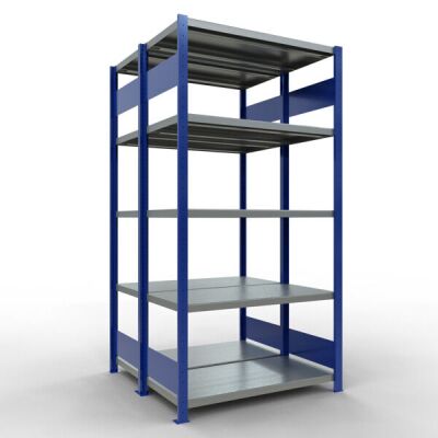 Grundregal, Doppelregal, Fachbodenregal Stecksystem MULTIplus250, 2000 x 1000 x (2x500) mm (HxBxT), 2x5 Fachböden, Längenriegel, RAL 5010 enzianblau/verzinkt