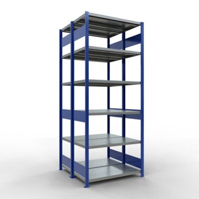 Grundregal, Doppelregal, Fachbodenregal Stecksystem MULTIplus250, 2500 x 1000 x (2x500) mm (HxBxT), 2x6 Fachböden, Längenriegel, RAL 5010 enzianblau/verzinkt