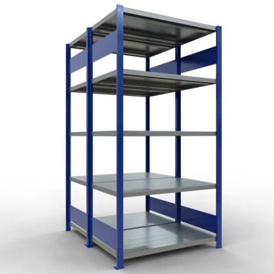 Grundregal, Doppelregal, Fachbodenregal Stecksystem MULTIplus250, 2000 x 1000 x (2x600) mm (HxBxT), 2x5 Fachböden, Längenriegel, RAL 5010 enzianblau/verzinkt