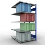 Anbauregal, Doppelregal, Fachbodenregal Stecksystem MULTIplus250, 2000 x 1000 x (2x600) mm (HxBxT), 2x5 Fachböden, Längenriegel, RAL 5010 enzianblau/verzinkt