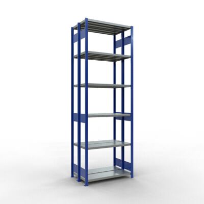 Grundregal, Doppelregal, Fachbodenregal Stecksystem MULTIplus250, 3000 x 1000 x (2x300) mm (HxBxT), 2x7 Fachböden, Längenriegel, RAL 5010 enzianblau/verzinkt