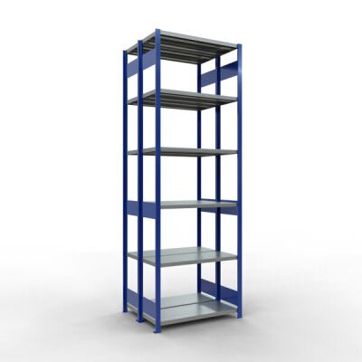 Grundregal, Doppelregal, Fachbodenregal Stecksystem MULTIplus250, 3000 x 1000 x (2x400) mm (HxBxT), 2x7 Fachböden, Längenriegel, RAL 5010 enzianblau/verzinkt