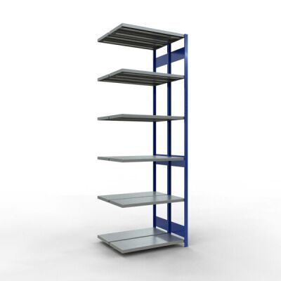 Anbauregal, Doppelregal, Fachbodenregal Stecksystem MULTIplus250, 3000 x 1000 x (2x400) mm (HxBxT), 2x7 Fachböden, Längenriegel, RAL 5010 enzianblau/verzinkt