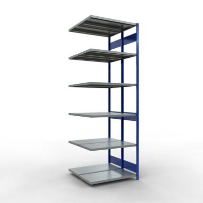 Anbauregal, Doppelregal, Fachbodenregal Stecksystem MULTIplus250, 3000 x 1000 x (2x500) mm (HxBxT), 2x7 Fachböden, Längenriegel, RAL 5010 enzianblau/verzinkt