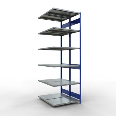 Anbauregal, Doppelregal, Fachbodenregal Stecksystem MULTIplus250, 3000 x 1000 x (2x600) mm (HxBxT), 2x7 Fachböden, Längenriegel, RAL 5010 enzianblau/verzinkt