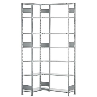 Eckregal (Felder A + B) 3000 x 1000 x 500, 2x7 Fachböden, Längenriegel, verzinkt