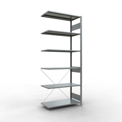 Anbauregal, Eckregal (Feld C) 2500 x 1000 x 500, 6 Fachböden, Kreuzstrebe, verzinkt