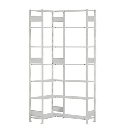 Eckregal (Felder A + B) 3000 x 1000 x 300, 2x7 Fachböden, Längenriegel, RAL 7035 lichtgrau