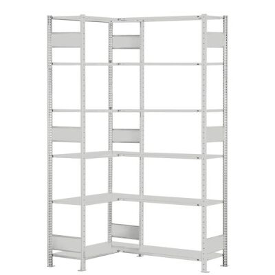 Eckregal (Felder A + B) 2500 x 1000 x 600, 2x6 Fachböden, Längenriegel, RAL 7035 lichtgrau