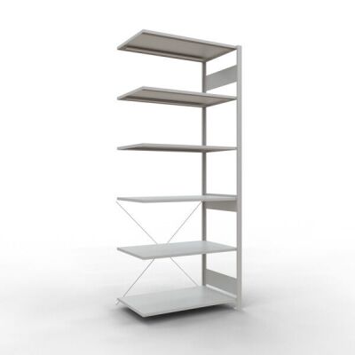 Anbauregal, Eckregal (Feld C) 2500 x 1000 x 600, 6 Fachböden, Kreuzstrebe, RAL 7035 lichtgrau