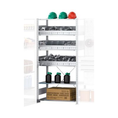 GR, Regalmodul M2, 2000 x 1000 x 500 mm, RAL 7035 lichtgrau/verzinkt, 6 MULTIplus150-Fachböden, 3 Stück Schüttgutmulden mit insgesamt 15 Trennblechen