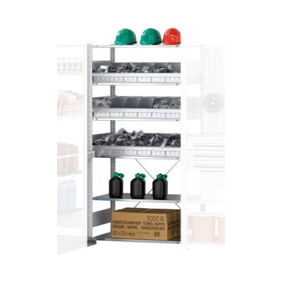 AR, Regalmodul M2, 2000 x 1000 x 500 mm, RAL 7035 lichtgrau/verzinkt, 6 MULTIplus150-Fachböden, 3 Stück Schüttgutmulden mit insgesamt 15 Trennblechen