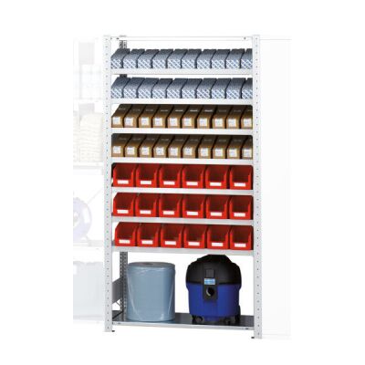 GR, Regalmodul M5, 2000 x 1000 x 500 mm, RAL 7035 lichtgrau/verzinkt, 7 schräge MULTIplus150-Fachböden, 2 gerade MULTIplus150-Fachböden, 49 Trennführungen