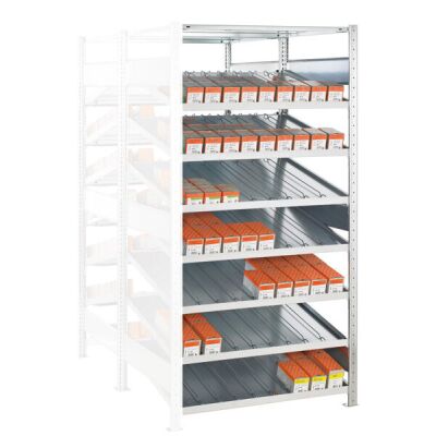 Anbauregal, Doppel-Kanbanregal MULTIplus150, 2000 x 1300 x 2x600 mm (HxBxT), verzinkt, 2x(7+1) Fachböden, mit Trenn- und Seitenführungen