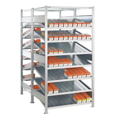 Grundregal, Doppel-Kanbanregal MULTIplus150, 2000 x 1300 x 2x800 mm (HxBxT), verzinkt, 2x(7+1) Fachböden, ohne Trenn- und Seitenführungen